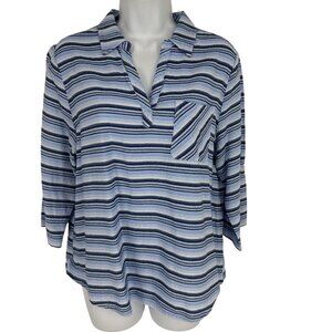 Chico's Striped 3/4 Sleeve Collared Blouse With Roll Tab Sleeves Size 2 US L